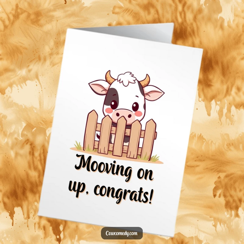 Funny Free Printable Congratulations Card: Kawaii cow peeking over a small fence, expressing subtle surprise and joy.