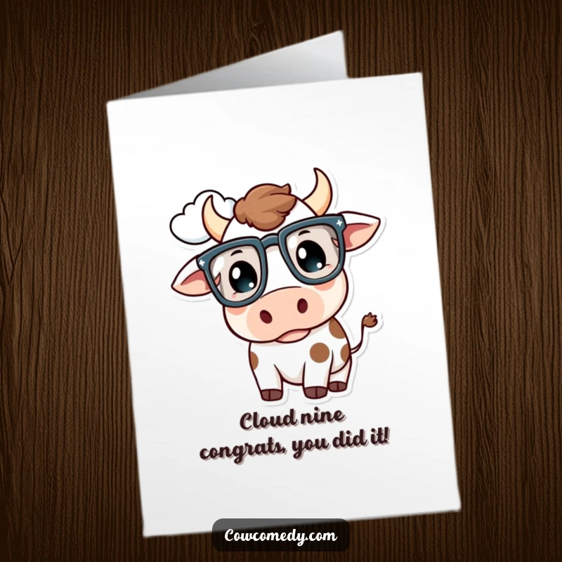 Funny Free Printable Congrats Card: Kawaii cow in oversized glasses, contemplating a cloud, sending congratulations.