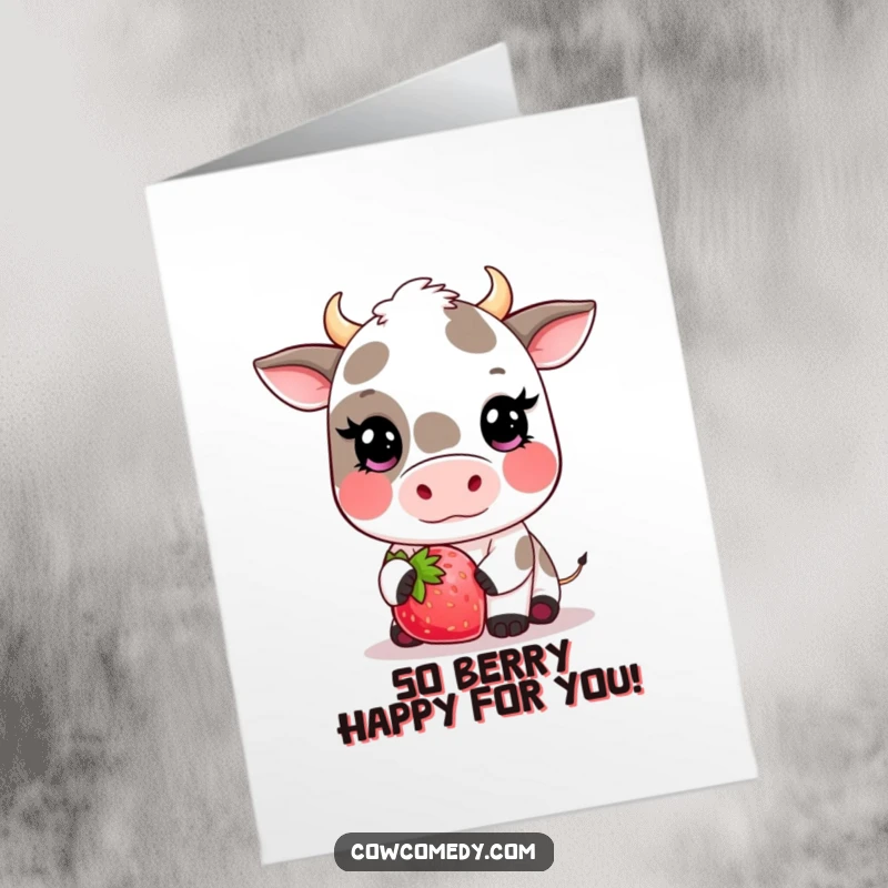 Funny Free Printable Congratulations Card: A kawaii cow with rosy cheeks presenting a huge strawberry.
