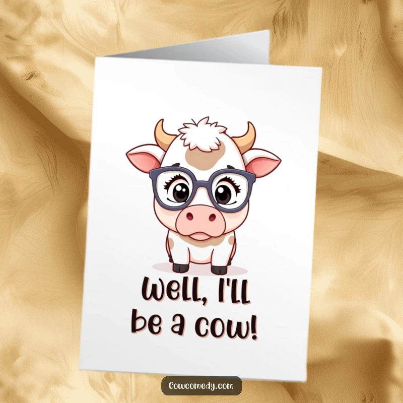 Funny Free Printable Congratulations Card: A kawaii cow with oversized glasses shows a comically surprised expression.
