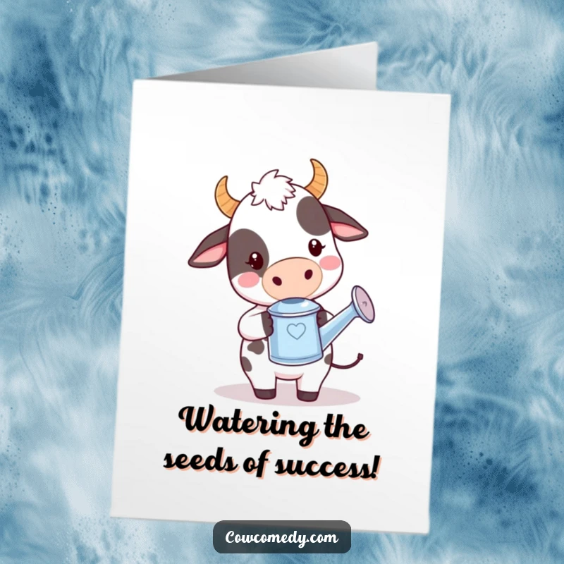 Funny Free Printable Congratulations Card: A kawaii cow playfully holds a tiny watering can.