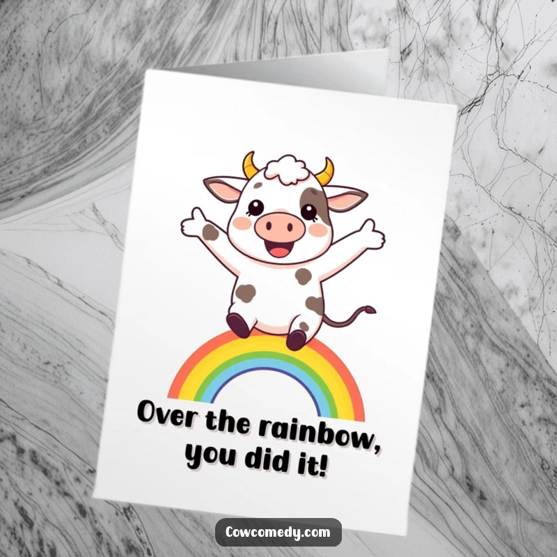 Funny Free Printable Congratulations Card: Cheerful cow leaping over a rainbow, symbolizing victory and joy.