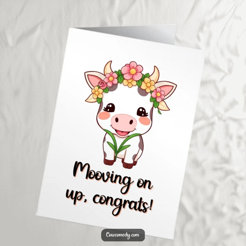 Funny Free Printable Congrats Card: Kawaii cow in flower garland, celebrating with a happy, grass-chewing smile.