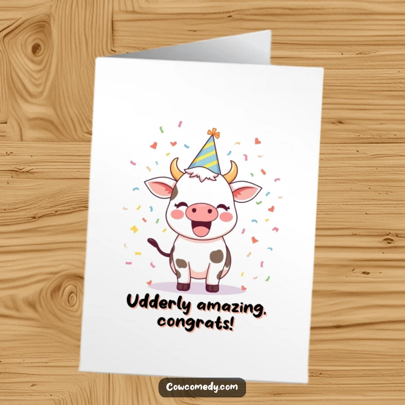 Funny Free Printable Congratulations Card: An excited cow in a party hat celebrates amidst a shower of confetti.