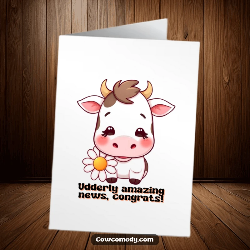 Funny Free Printable Kawaii Cow Congratulations Card, smiling, chewing a daisy, perfect for celebrating achievements.