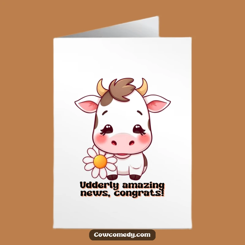 Free Printable Kawaii Cow Congrats Card: Chewing Daisy Humor Downloadable Gift