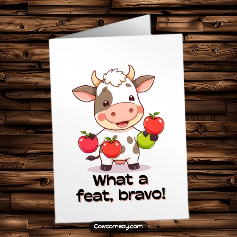 Funny Free Printable Congratulations Card: A cute kawaii cow hilariously attempting to juggle three colorful apples, looking unsteady.