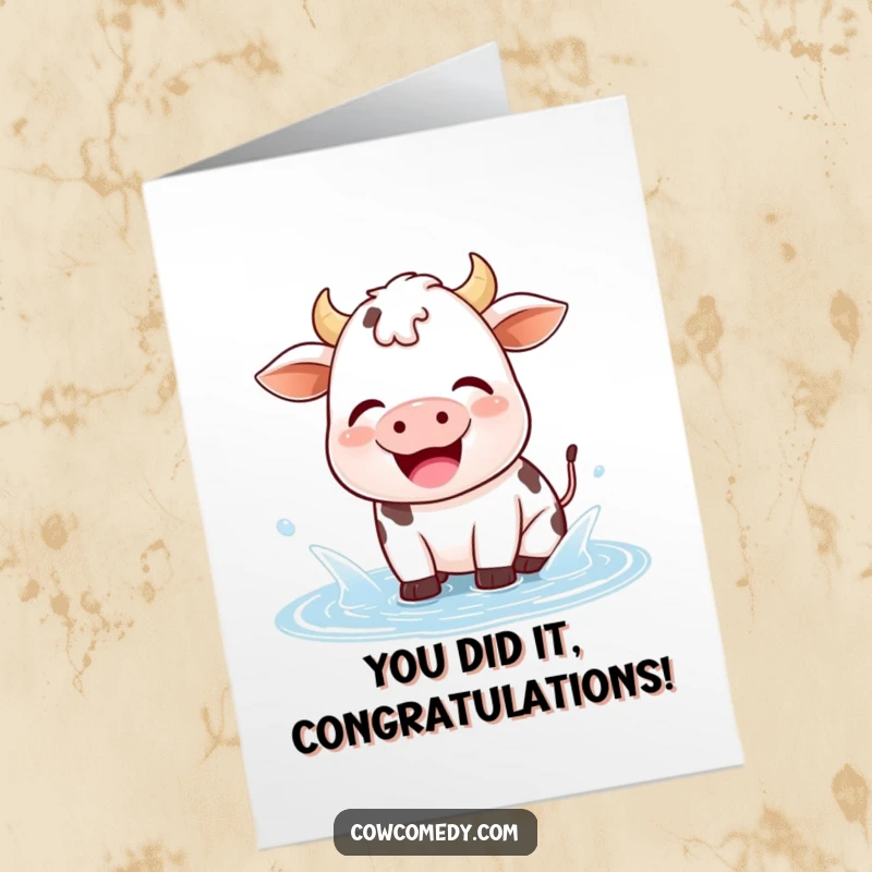 Funny Free Printable Kawaii Cow Congratulations Card, joyfully splashing in a puddle, sighing happily, celebrating big wins.