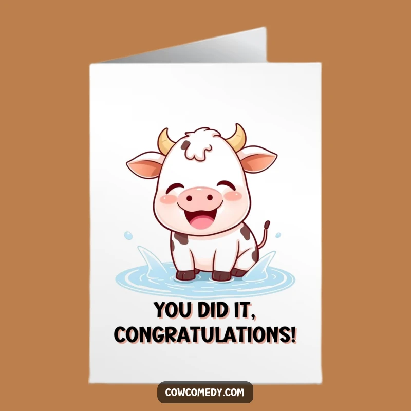 Free Printable Kawaii Cow Congrats Card: Puddle Splash Humor Funny Gift