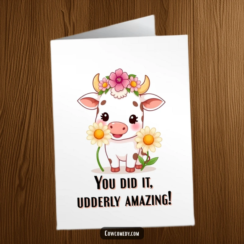 Funny Free Printable Congratulations Card: Kawaii cow wearing a flower crown, joyfully eating a large daisy.