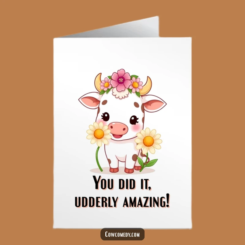 Free Printable Kawaii Cow Congrats Card: Daisy Chewing Humor Funny Downloadable Gift