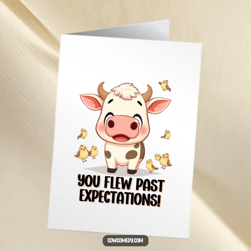 Funny Free Printable Congratulations Card: Surprised cow looking wide-eyed at a flock of tiny birds, marveling at success.