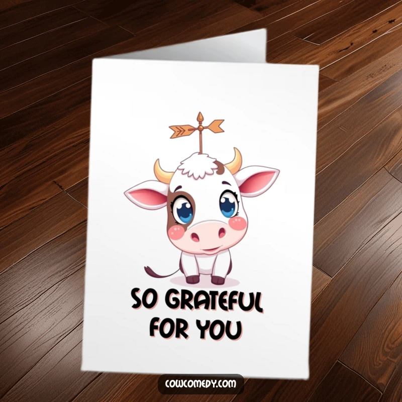 Funny Free Printable Thank You Card: A kawaii cow with large, curious eyes gazing at a spinning weather vane, full of wonder.