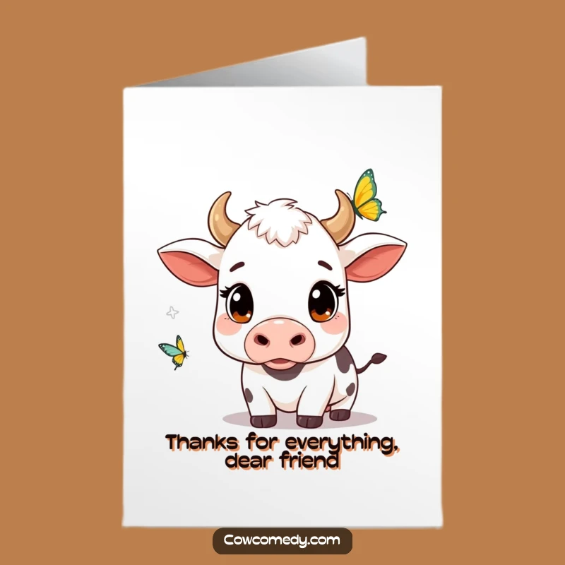 Free Printable Kawaii Cow Thank You Card: Butterfly Watcher Funny Gift