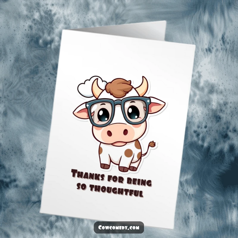 Funny Free Printable Thank You Card: Kawaii cow with large glasses, looking at a cloud, expressing gratitude humorously.
