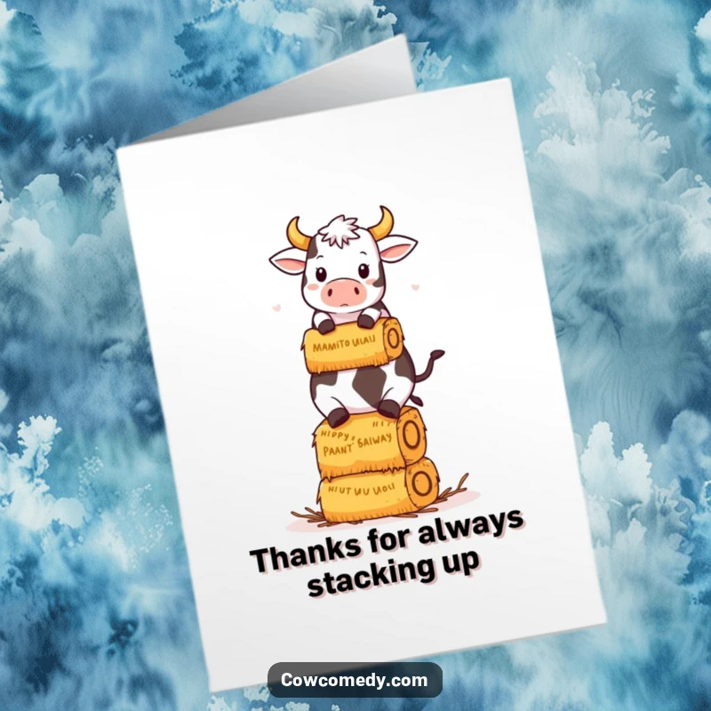 Funny Free Printable Thank You Card: Kawaii cow precariously balancing hay bales, sending thanks with a wink.
