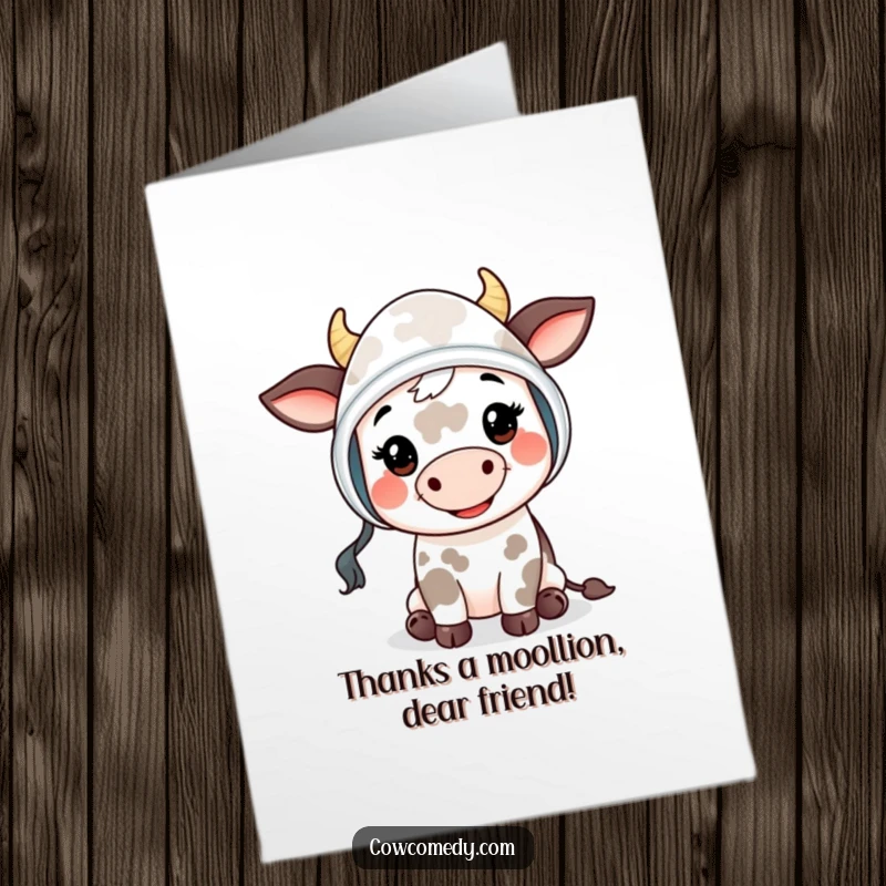 Funny Free Printable Thank You card of a smiling cow kid in a bonnet, giving a friendly, thankful 'moo'.