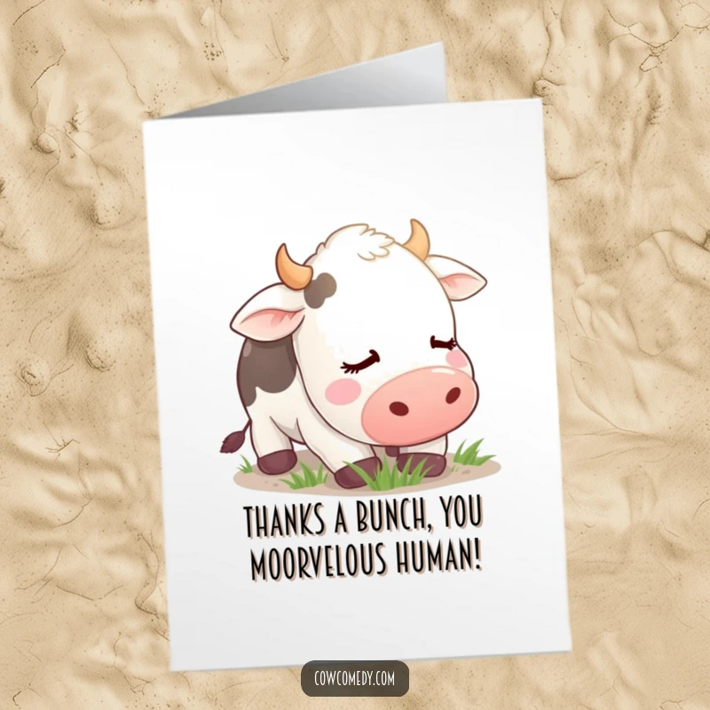 Funny Free Printable Thank You Card: Contented cow peacefully grazing, conveying thanks with a humorous, downloadable greeting.