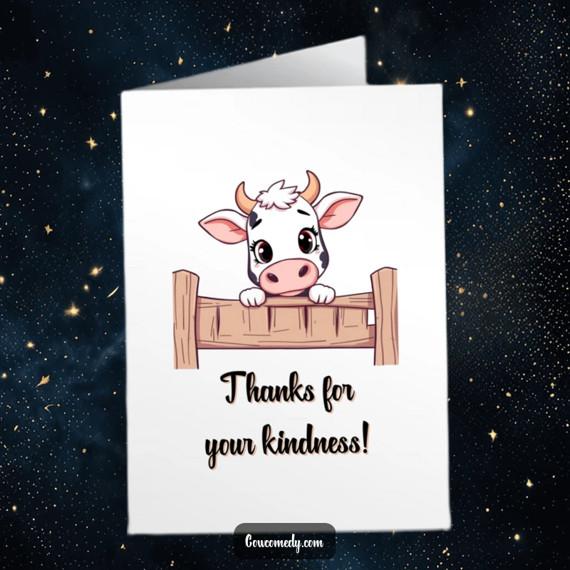 Funny free printable thank you card of a curious cow peeking over a fence with an inquisitive expression.