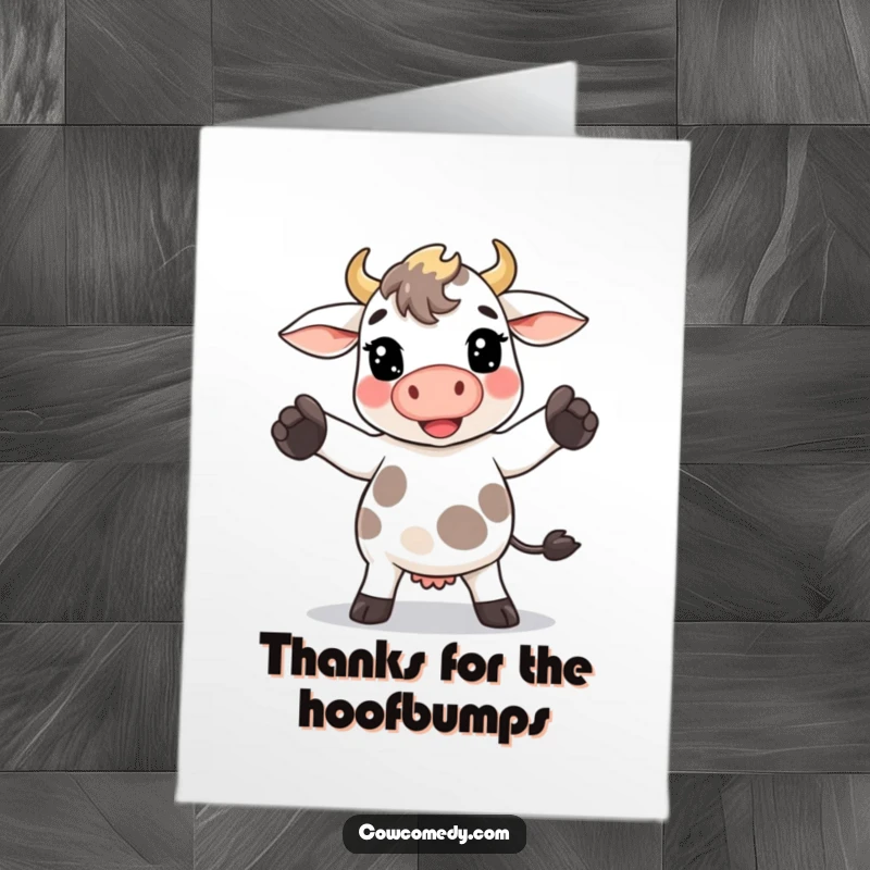 Funny Free Printable Thank You Card: Kawaii cow doing a goofy dance with its hooves, sending a thankful jig.