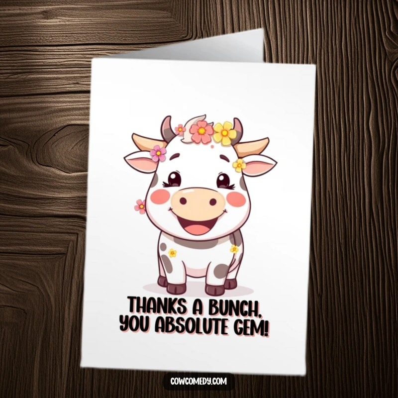 Funny Free Printable Thank You Card: A happy cow with a wide smile and flowers expressing gratitude.