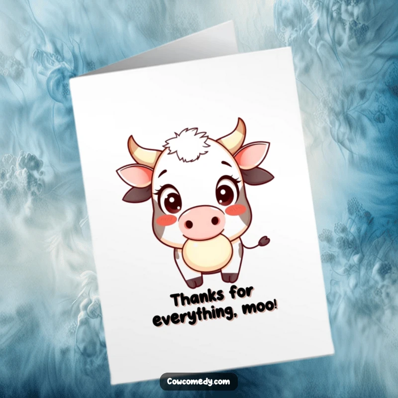 Funny Free Printable Thank You Card: A smiling cow with innocent eyes playfully chews cud, conveying sweet gratitude.