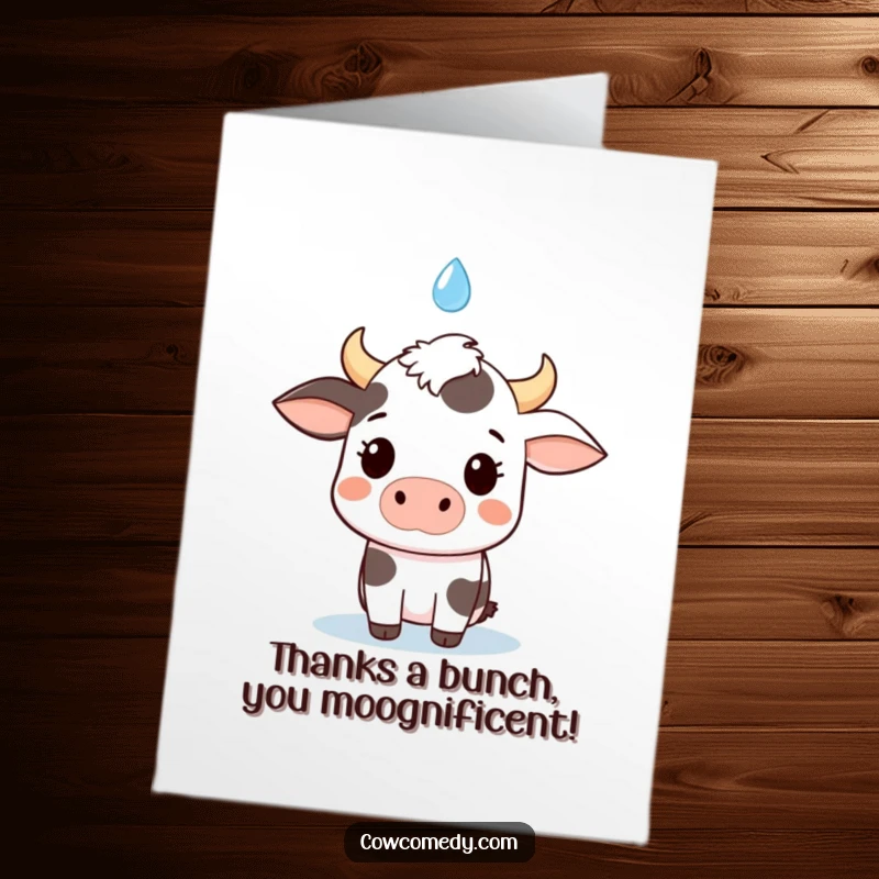 Funny Free Printable Thank You Card: Kawaii cow making a surprised face as a raindrop falls towards it.