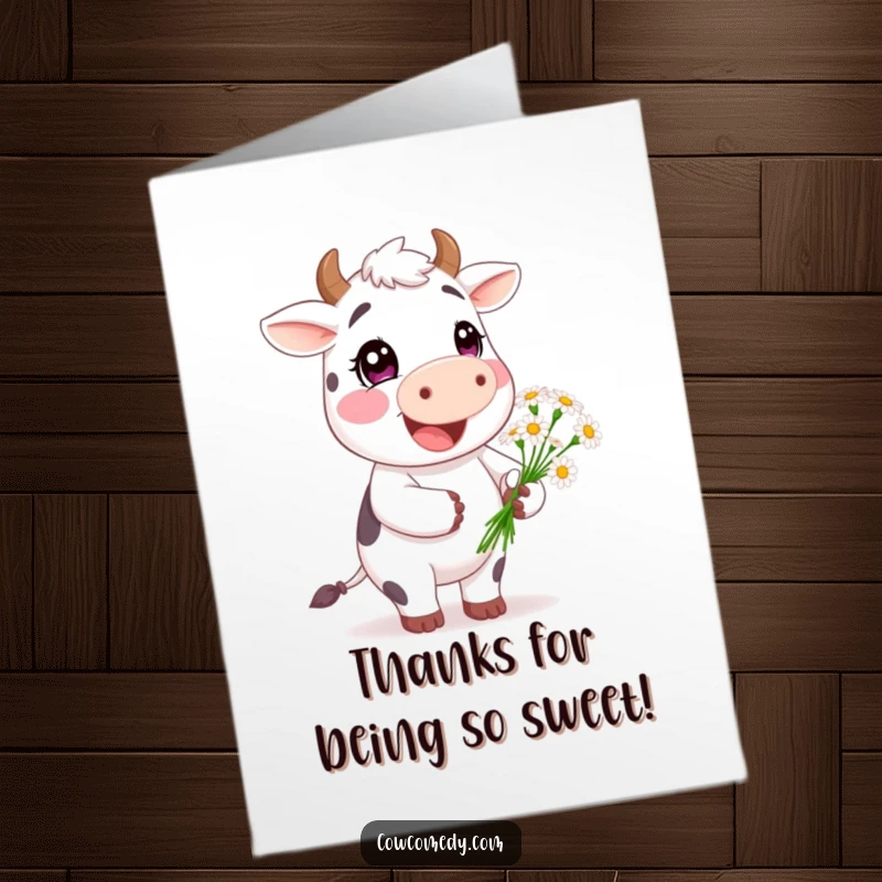 Funny Free Printable Thank You card with a happy cow character offering a sweet small bouquet of daisies.