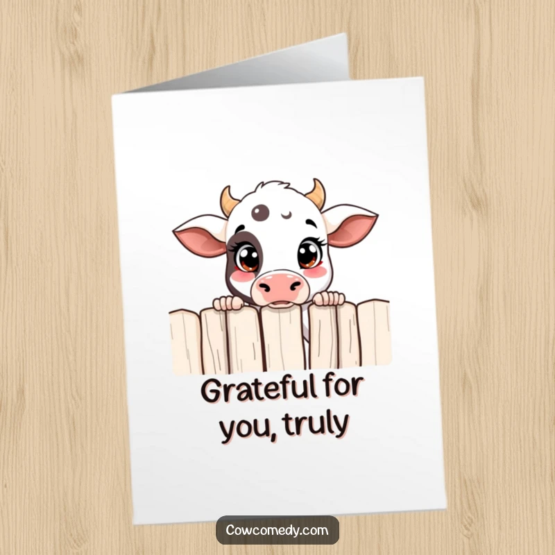 Funny Free Printable Thank You Card: A curious cow peeking over a fence with wide eyes, observing your kindness.