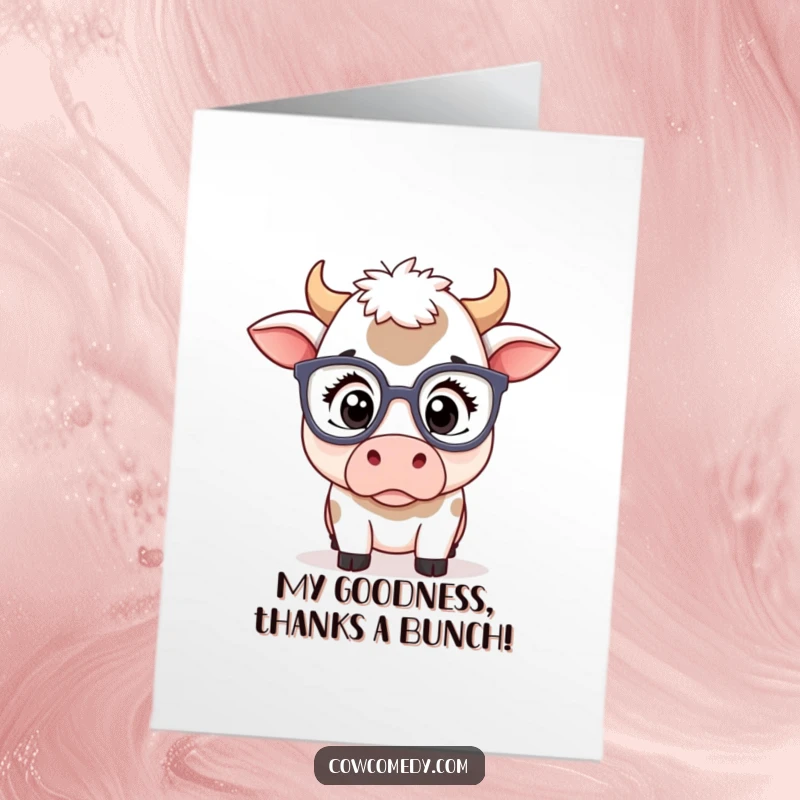Funny Free Printable Thank You Card: Kawaii cow sporting large spectacles, looking utterly amazed.