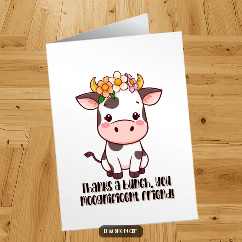 Funny Free Printable Thank You Card: A sweet kawaii cow with a flower crown, offering thanks with a smile.