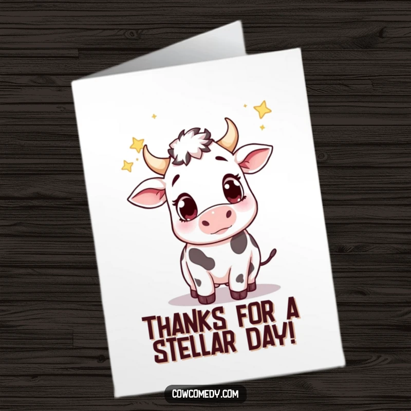 Funny free printable thank you card with a cute cow with big, wondering eyes reaching for falling stars.