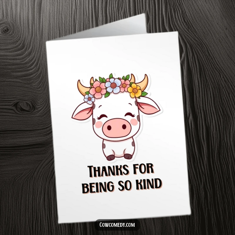 Funny Free Printable Kawaii Cow Thank You Card, wearing a flower crown, looking serene and content, expressing peaceful thanks.
