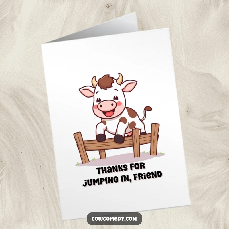 Funny Free Printable Thank You Card: Kawaii cow in mid-air, enthusiastically leaping over a fence.