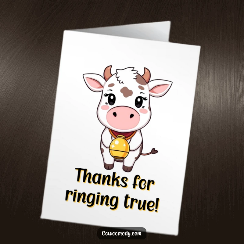 Funny Free Printable Thank You Card: A whimsical cow wearing a bell that gleams and sparkles with happiness.