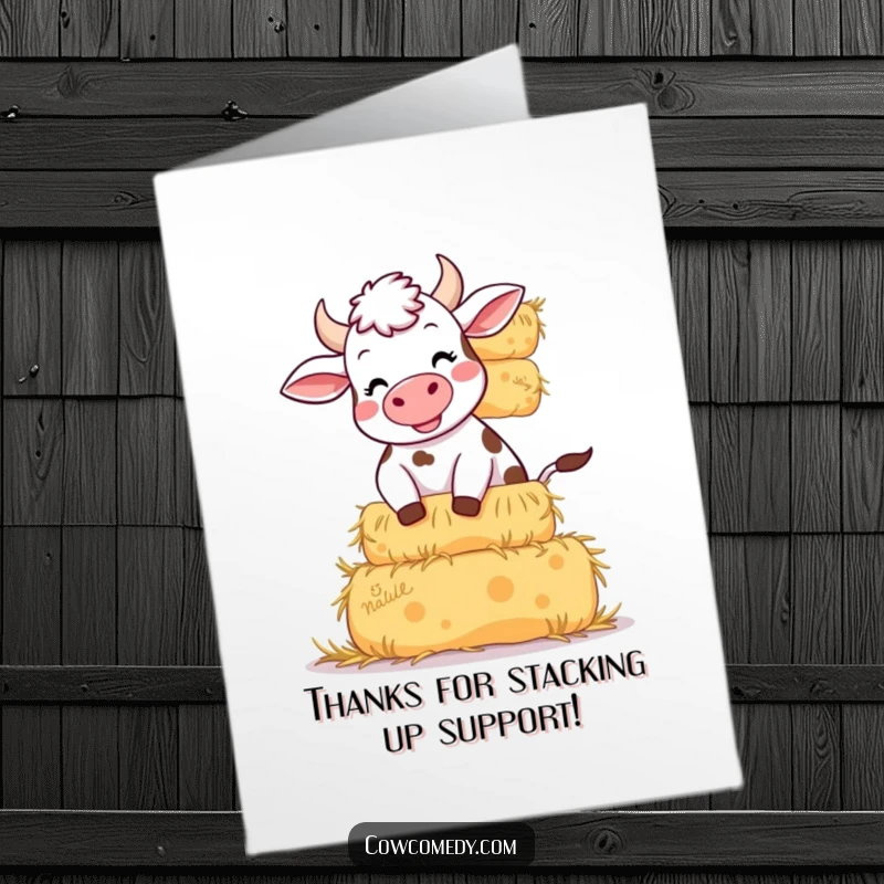 Funny Free Printable Thank You Card: A giggling cow with a silly expression balancing a stack of hay bales.