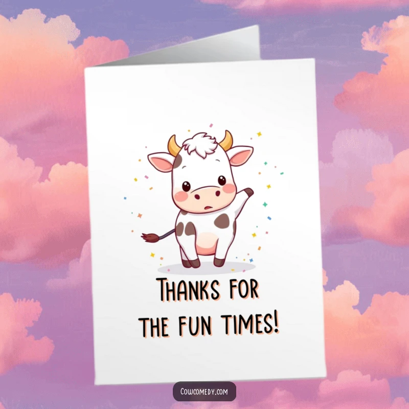 Funny free printable thank you card of a playful cow kicking up a cloud of colorful celebration confetti.