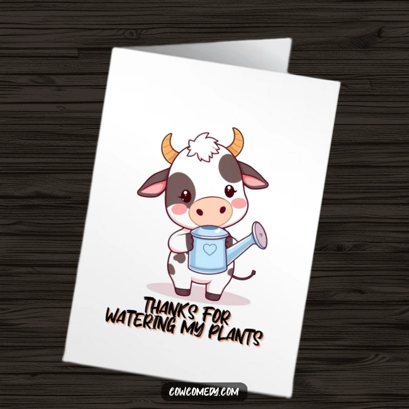 Funny Free Printable Thank You Card: Kawaii cow looking playful while holding a miniature watering can.