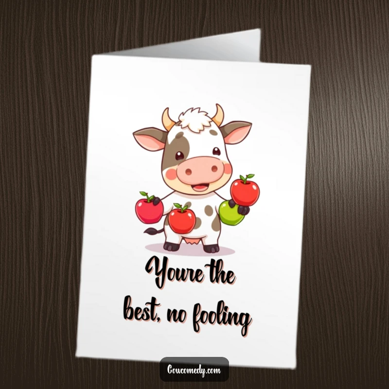Funny Free Printable Thank You Card: Kawaii cow wobbling precariously while juggling three bright apples, a funny spectacle.