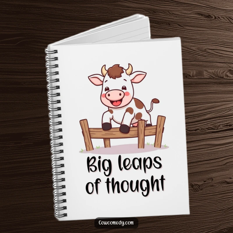 Funny kawaii cow notebook with a cute cow leaping energetically over a small fence, perfect for jotting down exciting ideas.