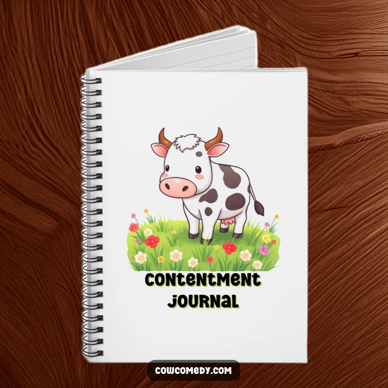 Funny notebook with a contented cow grazing in a meadow, ideal for journaling and capturing peaceful thoughts with charm.