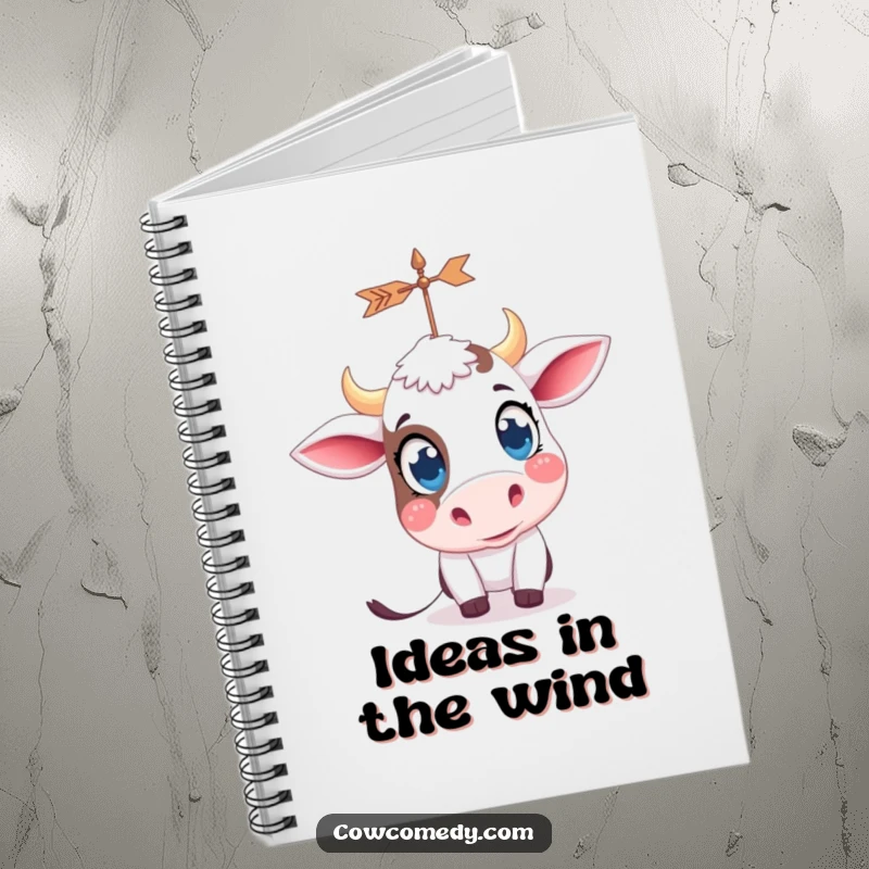 Funny kawaii cow with big, curious eyes, looking at a spinning weather vane, on the cover of a lined notebook.