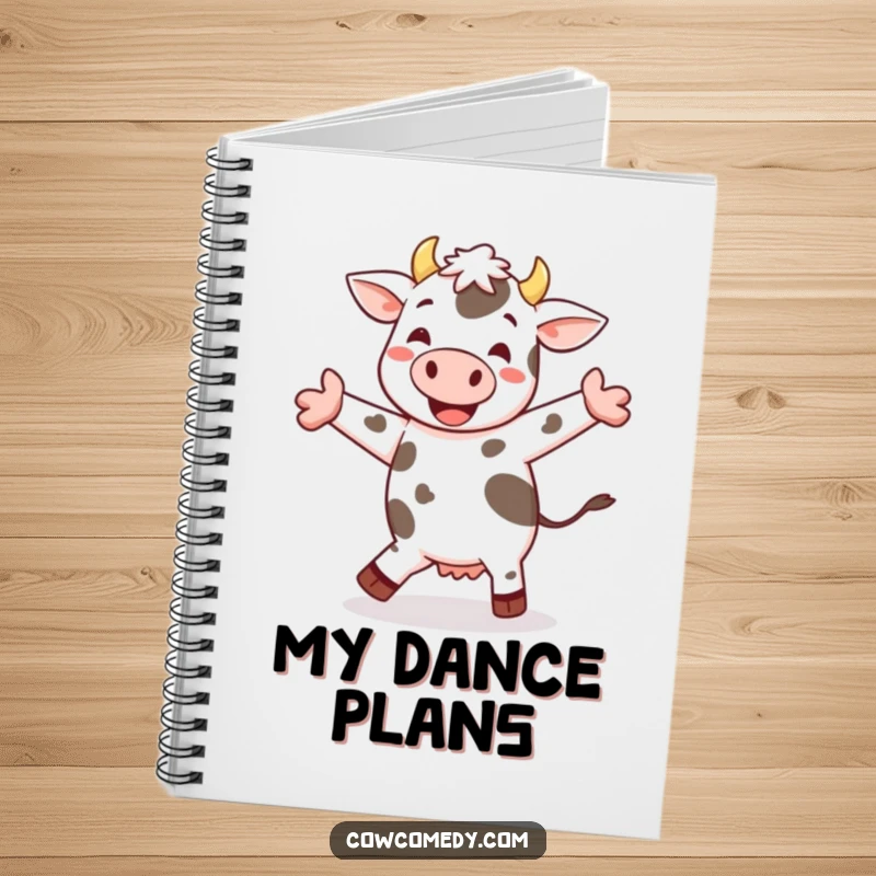 Funny cheerful cow jig notebook depicting a spotted cow happily dancing and performing a little jig, perfect for fun thoughts.