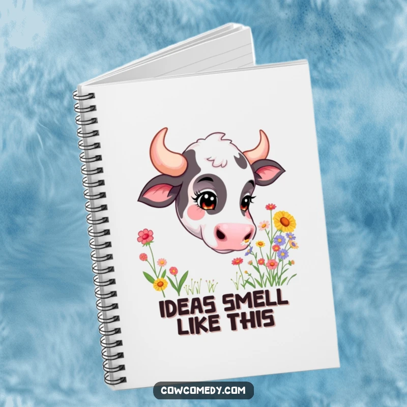 Funny notebook cover featuring a curious cow with a gentle smile, sniffing a large bunch of colorful wildflowers. Great for journaling.