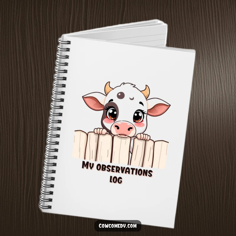 Funny curious cow notebook with a cow peeking over a fence, ideal for notes, thoughts, and creative ideas.