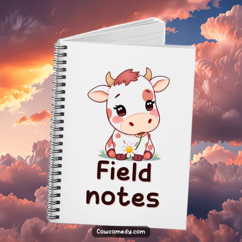 Funny notebook with a cute spotted cow happily chewing a daisy, perfect for journaling or note-taking, a great funny gift.