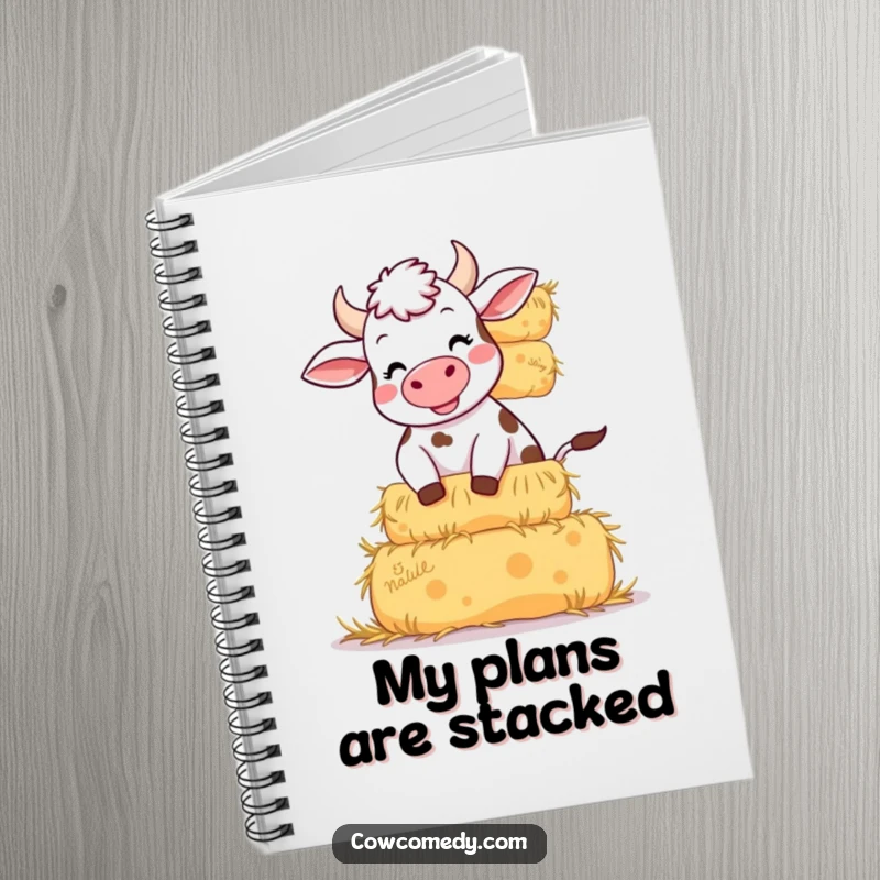 Funny notebook cover featuring a cow mid-giggle, struggling to balance a high stack of hay bales. Great for note-taking.