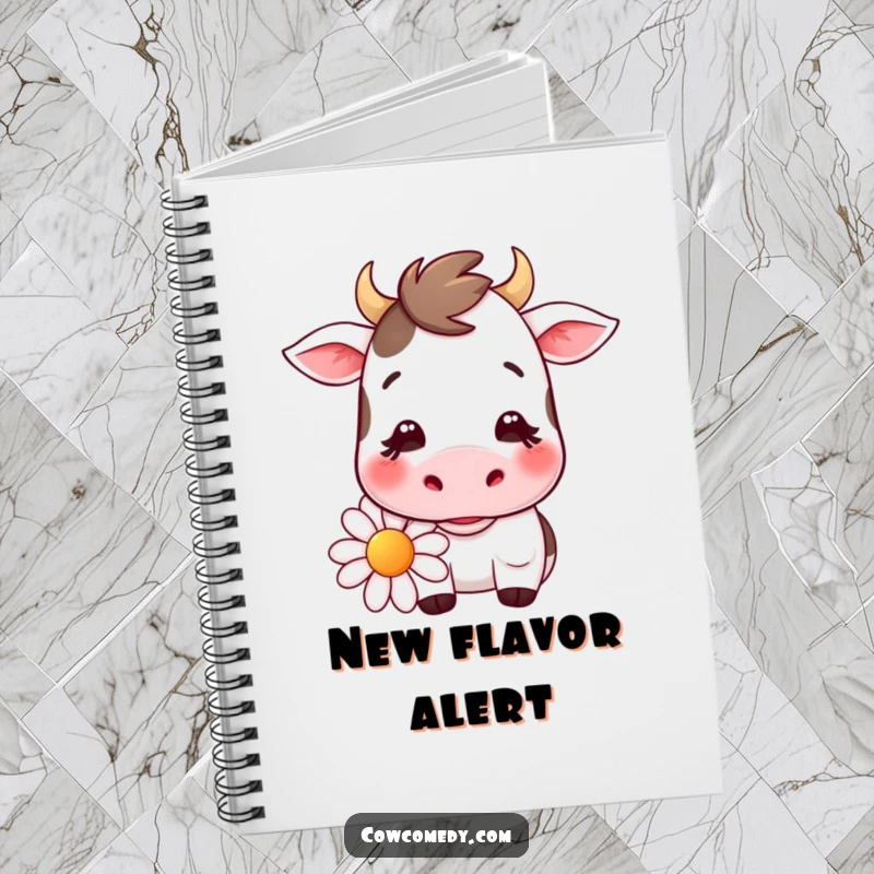 Funny kawaii cow notebook with a gentle smiling cow chewing a large daisy, perfect for writing, journaling, and drawing cute ideas.