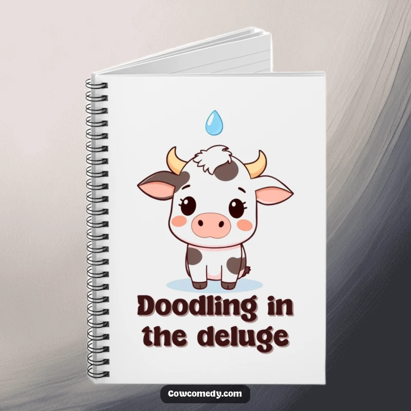 Funny kawaii cow notebook, wide-eyed surprise at a single raindrop, perfect for jotting down funny ideas and notes.