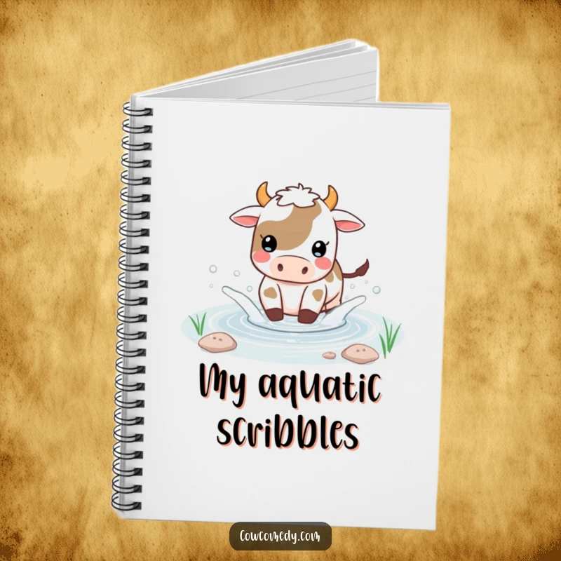 Funny Kawaii cow notebook with a playful cow splashing water in a small pond, ready for your thoughts.